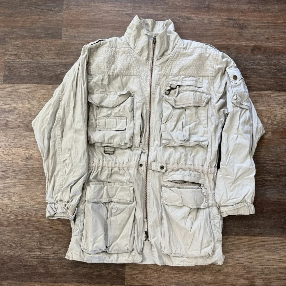 VTG Trail Designs Khaki Beige Safari Utility Photography Jacket Sz M Pockets